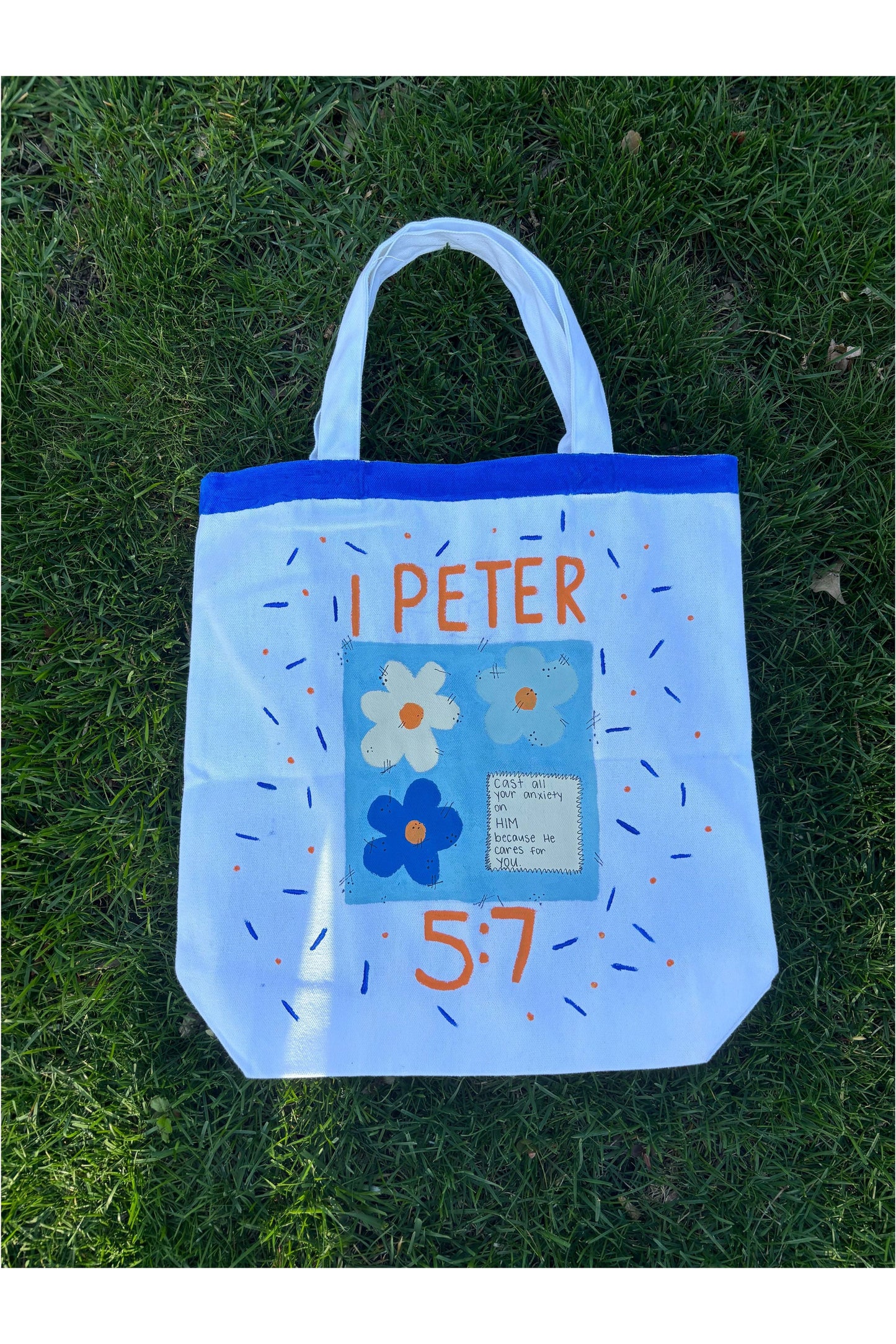 Hand-Painted 1 Peter 5:7 Tote Bag